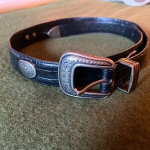 Vintage Western Black Leather Belt w/ Silver Accents | 38” Long